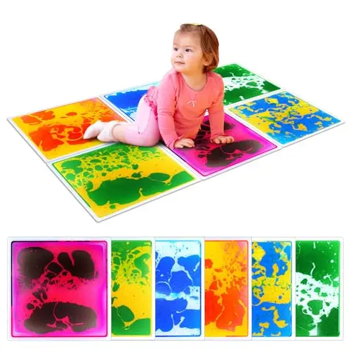 Six multicolored sensory floor tiles with moving liquid inside