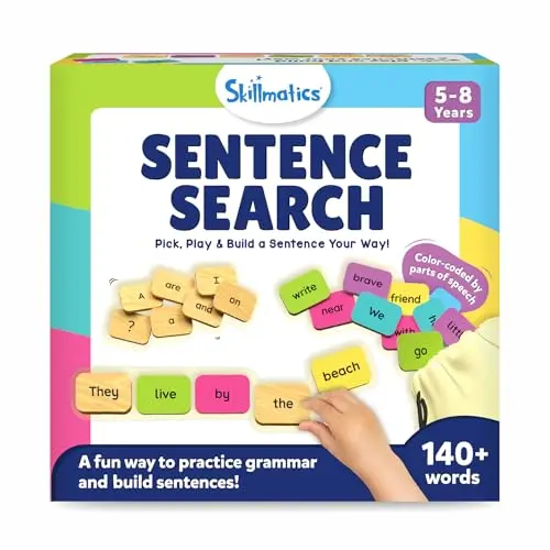Skillmatics Sentence Search game with colorful word tiles