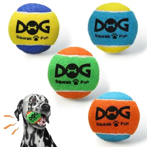 Four small, brightly colored squeaky rubber balls for dogs