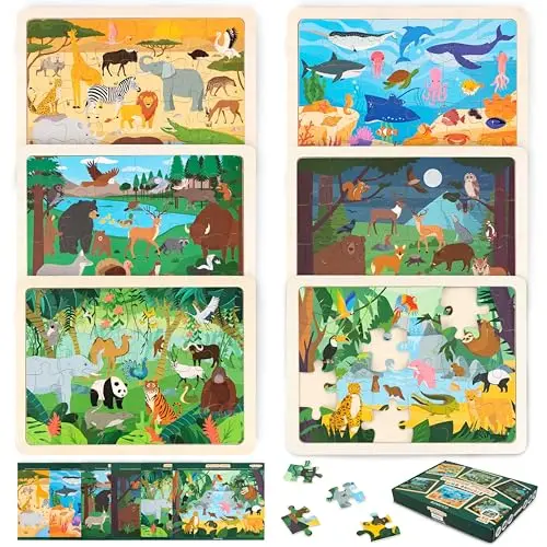 BONNYCO set of 6 wooden animal puzzles showing different world ecosystems
