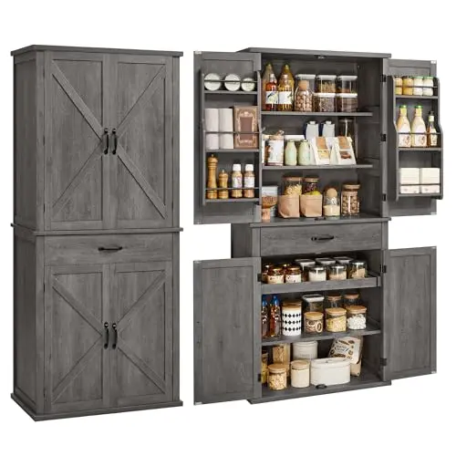 VASAGLE LIRY collection tall farmhouse pantry cabinet with barn doors and pull-out tray