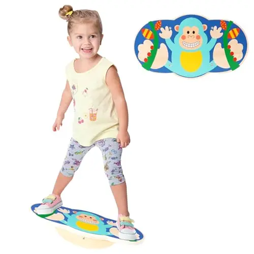 Siairo multicolor wooden wobble balance board with monkey pattern for toddlers