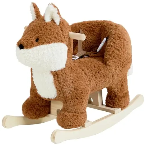 labebe brownish red fox rocking horse with integrated seat and adjustable harness