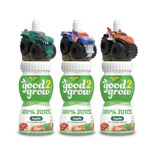 good2grow apple juice bottles with Hot Wheels Monster Truck character tops in a 3-pack