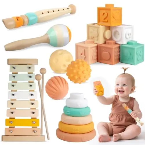 Montessori wooden musical instrument toy set with xylophone and stacking blocks