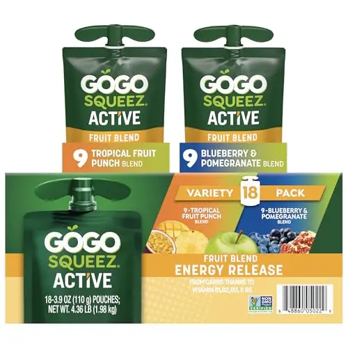 GoGo squeeZ Active Energy Release fruit pouches, Tropical and Blueberry Pomegranate