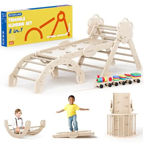 COSYLAND natural wood Pikler triangle set with adjustable height and train toy