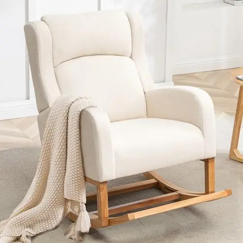 HCHAIRH beige wingback rocking chair for nursery with retractable footrest and side pockets