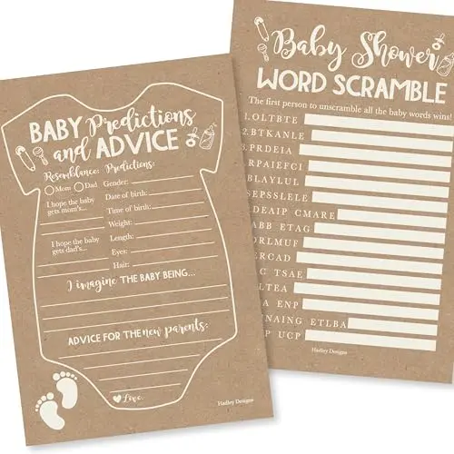 Hadley Designs baby shower game set for 50 guests with predictions and word scramble in rustic kraft