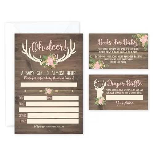 Hadley Designs Deer Girl baby shower invitation set with pink theme