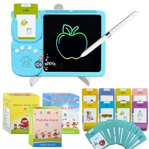 Talking flash card reader combined with a kid's LCD writing tablet on a stand