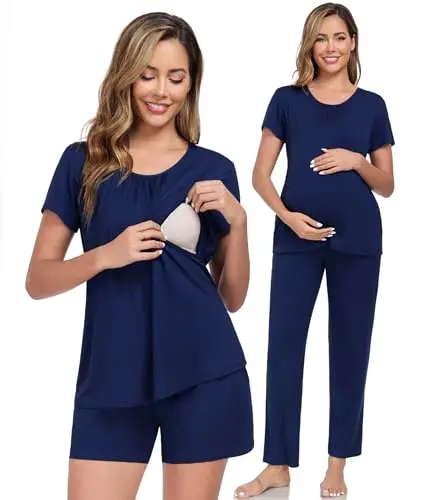 DIKFA 3-in-1 maternity pajama set with a nursing top, shorts, and adjustable pants