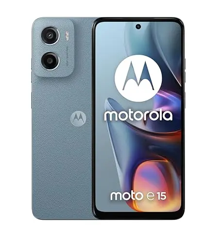 Motorola Moto E15 smartphone in misty blue with Gorilla Glass display