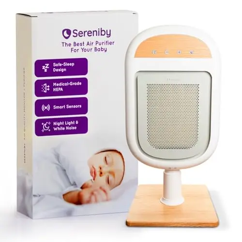 Sereniby tall white and grey air purifier with wood accents designed for a baby nursery