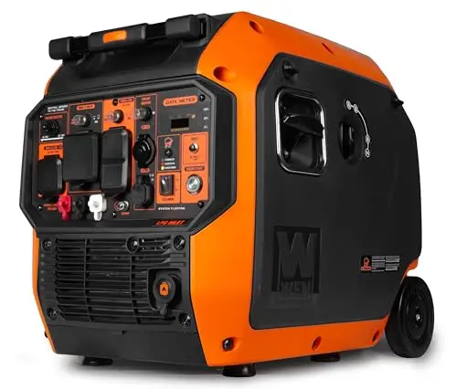 WEN Orange and Black dual fuel inverter generator with wheels and telescoping handle