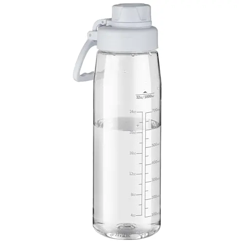 Clear 32oz Tritan water bottle with flip-top spout and carry handle