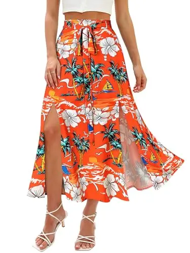 Ezcosplay Women Maxi Hawaiian Floral Slit Skirt with pockets in orange
