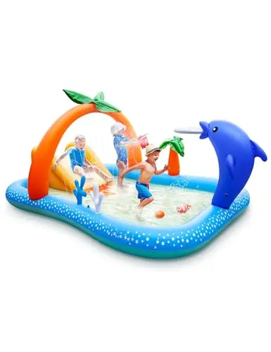 Andola inflatable kiddie pool with slide and palm tree decorations in blue
