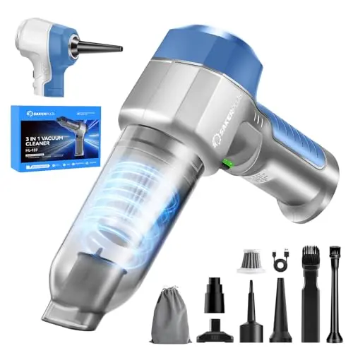 SakerPlus mini car vacuum cleaner in light blue and silver with multiple accessories