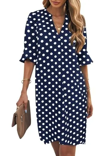 Wkior v-neck short sleeve polka dot shift dress for casual travel