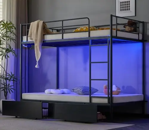 VINGLI black metal bunk bed with two built-in drawers, LED under-bed lighting, and a charging socket.