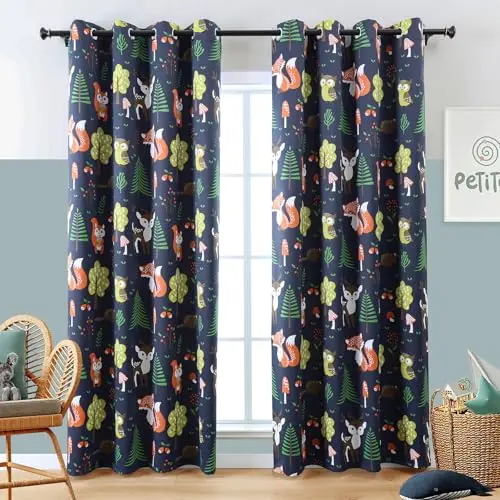 L.Z.E navy blue curtains with forest animal patterns for a kids' room.