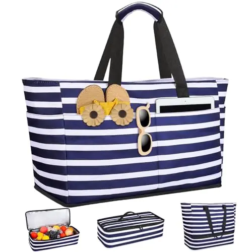ISEYOU Beach Bag with detachable insulated cooler compartment at the bottom.