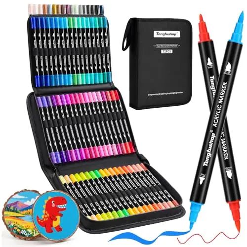 Tongfushop 72 color acrylic paint marker set with fine and brush tips in a carrying case