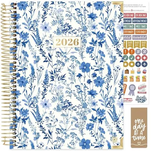 Bloom Daily Planners 2026 hardcover weekly monthly planner in blue floral design
