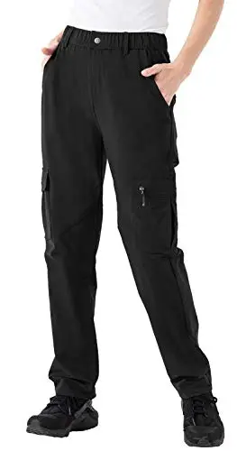 Rdruko Women's lightweight cargo hiking pants in black, shown with zippered leg pockets.