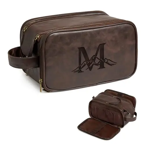 Dark brown engraved PU leather toiletry bag with personalized initials and mountain design