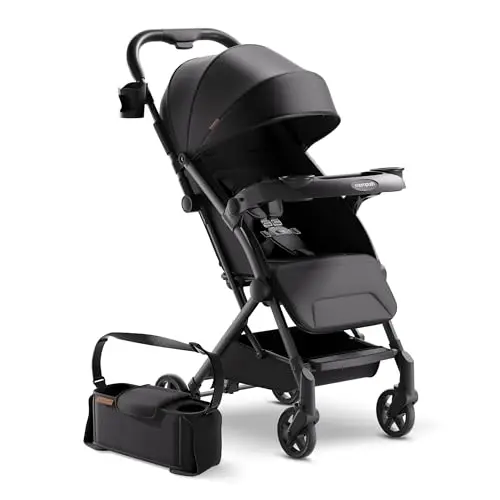 Mompush Lithe V2 stroller with snack tray and rain cover in an urban outdoor setting