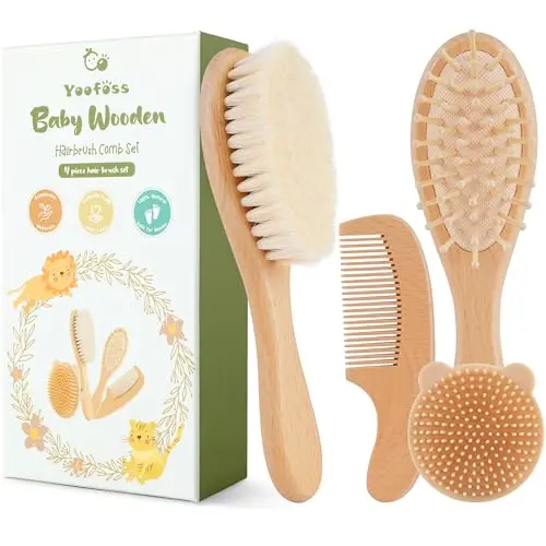 Yoofoss 4 piece wooden baby brush set with goat hair brush, comb, detangler, and silicone brush