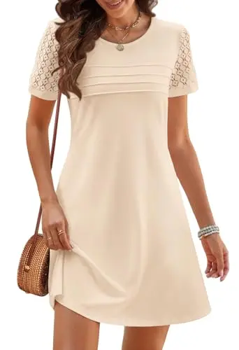 MEROKEETY women's short lace sleeve T-shirt dress with pleated front