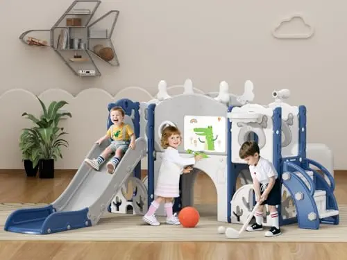 Blue 13-in-1 toddler slide set with golf, basketball, and drawing board