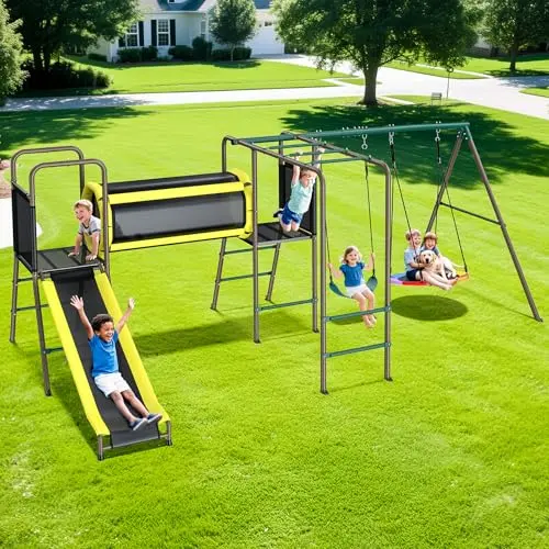 Hapfan green and brown metal playset with slide, crawl tunnel, monkey bars, saucer swing, and belt swing