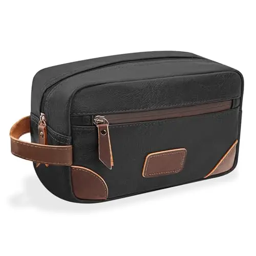 Waterproof PU leather toiletry bag with multiple compartments and leather handle