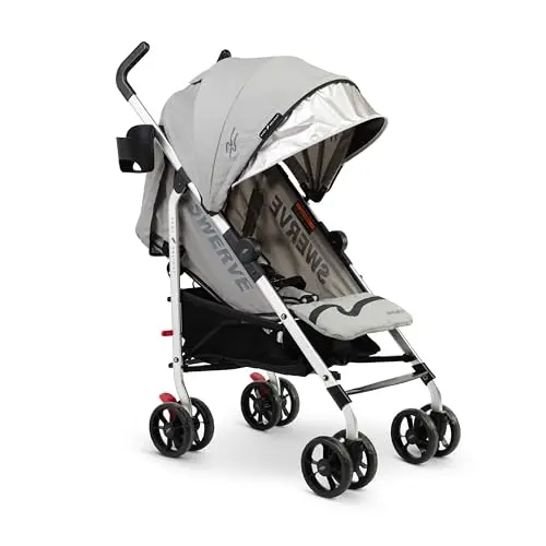 Baby Delight Swerve stroller in grey, showing its oversized canopy and compact folded shape.