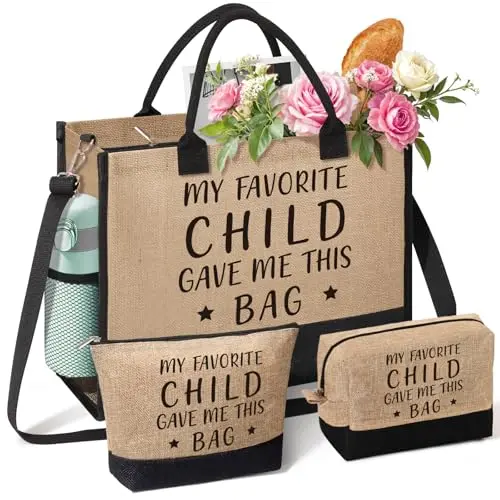 Personalized jute tote bag gift set with two makeup bags