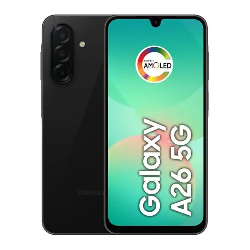 Samsung Galaxy A26 5G smartphone in black with water-resistant design
