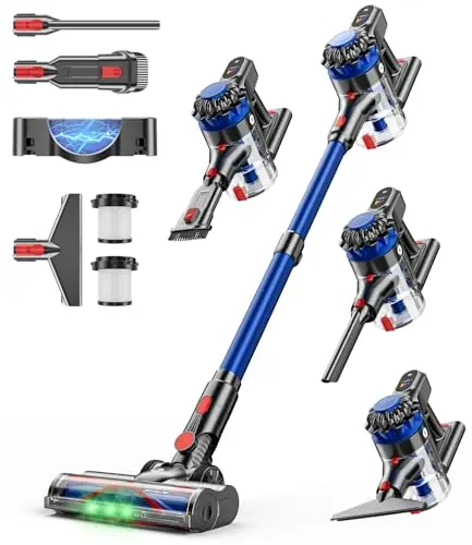 KARDV blue cordless stick vacuum leaning against a wall on a laminate floor