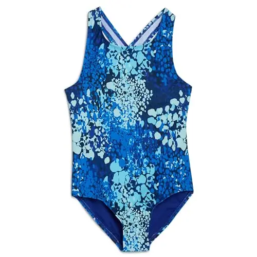Lands' End blue one-piece swimsuit for girls with UPF 50 protection