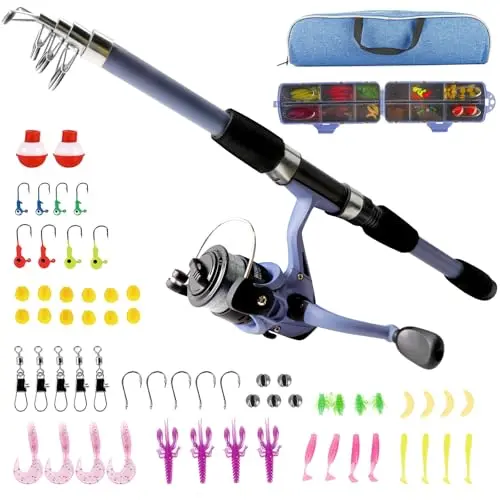 MILERONG blue telescopic kids fishing pole with ambidextrous reel and tackle accessories