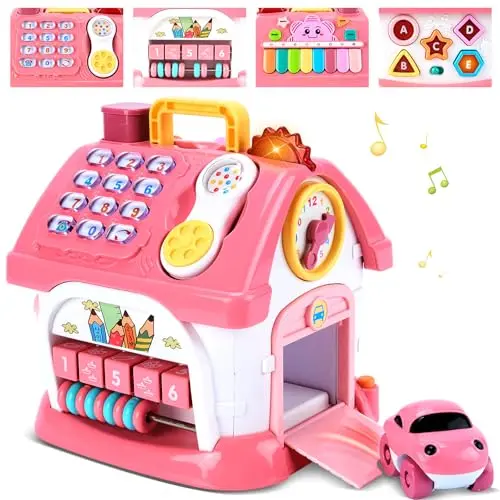 Delutique pink toddler activity house with clock, door, and piano