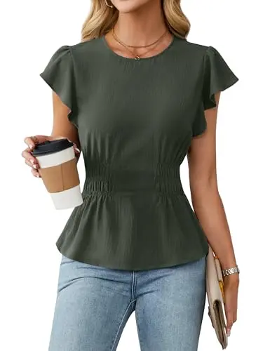 Blooming Jelly Dressy Casual Blouse in army green with ruffle sleeves and back keyhole closure
