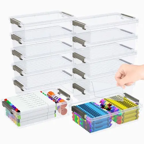 GEOPHIA 12-pack clear plastic pencil boxes with removable dividers, shown stacked neatly
