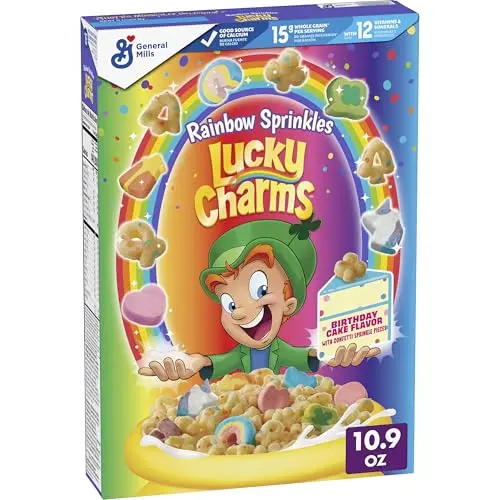 Box of Lucky Charms Rainbow Sprinkles birthday cake flavor cereal