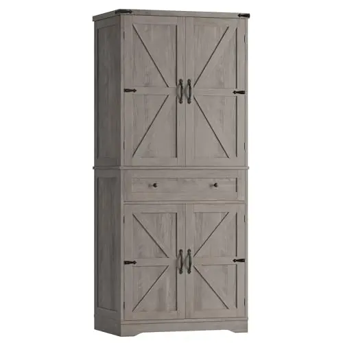 HOSTACK tall farmhouse pantry cabinet with X-design barn doors in ash gray