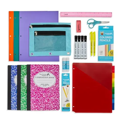 Blue Summit Supplies school kit with folders, dry erase markers, and composition notebooks for upper elementary