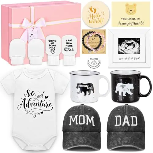 Best New Parents Gift Basket with coffee cups, embroidered Dad and Mom baseball caps, beaded bracelets, an ultrasound photo frame, baby clothes, and a decision coin.